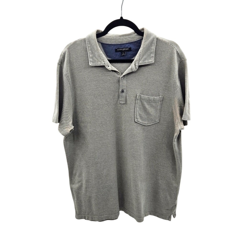 Banana‎ Republic Mens Large Gray Micro Stripe Cotton Pocket Polo Shirt CA17897